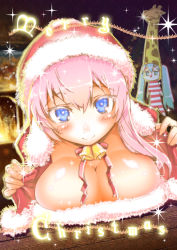 Rule 34 | 2girls, aqua eyes, aqua hair, bell, blue eyes, blush, breasts, christmas, cleavage, closed mouth, dutch angle, english text, giraffe costume, hat, hatsune miku, hitotose rin, large breasts, long hair, looking at viewer, megurine luka, merry christmas, multiple girls, pink hair, revision, santa costume, santa hat, sketch, smile, sparkle, twintails, very long hair, vocaloid