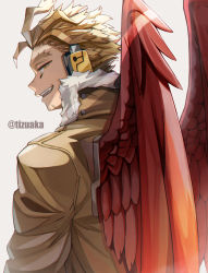 Rule 34 | 1boy, blonde hair, boku no hero academia, costume, facial hair, facial mark, feathered wings, feathers, from behind, fur-trimmed jacket, fur trim, goatee, grin, hawks (boku no hero academia), headphones, highres, jacket, long bangs, looking at viewer, looking back, male focus, open mouth, red feathers, red wings, shadow, short hair, simple background, smile, solo, tonbanlove, twitter username, wings, yellow eyes