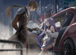 Rule 34 | 1boy, 1girl, arm behind back, bad id, bad twitter id, black gloves, brown hair, car, chinese clothes, commentary, commission, cone hair bun, earrings, feather boa, genshin impact, gloves, gradient hair, hair bun, hair ornament, hand grab, iiumiarts, jewelry, keqing (genshin impact), long hair, looking at another, motor vehicle, multicolored hair, open mouth, orange hair, purple eyes, purple hair, sidelocks, single earring, sitting, smile, standing, tassel, tassel earrings, thighhighs, zhongli (genshin impact)