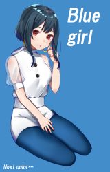 Rule 34 | 1girl, :o, bad id, bad pixiv id, bare shoulders, black hair, blue background, blue pantyhose, blush, buttons, chestnut mouth, earrings, full body, groin, hand up, highres, hoop earrings, itoi toi, jewelry, looking at viewer, miniskirt, original, pantyhose, parted lips, pencil skirt, puffy short sleeves, puffy sleeves, red eyes, see-through, see-through sleeves, shirt, shirt tucked in, short hair with long locks, short sleeves, sidelocks, simple background, sitting, skirt, solo, turtleneck, white shirt, white skirt, yokozuwari