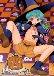 Rule 34 | 1girl, 2020, absurdres, basket, bikini top only, bloomers, blue hair, boots, candy, cape, elbow gloves, female focus, flat chest, food, gloves, halloween, halloween costume, hat, highres, jack-o&#039;-lantern, looking at viewer, lying, navel, on back, on ground, oonuma hiroshi, open mouth, original, purple eyes, solo, underwear, witch hat