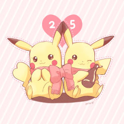 Rule 34 | 1boy, 1girl, bad id, bad pixiv id, bottle, bow, clothed pokemon, couple, creatures (company), full body, game freak, gen 1 pokemon, holding, holding bottle, looking away, mei (maysroom), nintendo, one eye closed, outline, pikachu, pink background, pokedex number, pokemon, pokemon (creature), scarf, shared clothes, shared scarf, sitting, striped, striped background, tagme, touching ears
