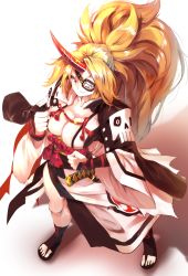 Rule 34 | 1girl, baiken, baiken (cosplay), black footwear, blonde hair, breasts, cleavage, clenched hands, collarbone, commentary request, cosplay, eyepatch, feet, from above, full body, grin, guilty gear, guilty gear xrd, high ponytail, highres, horns, hoshiguma yuugi, large breasts, long hair, looking at viewer, looking up, oni horns, red eyes, shadow, simple background, single horn, skull print, smile, solo, standing, sunnysideup, tassel, toeless footwear, touhou, very long hair, white background, wide sleeves