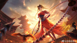 Rule 34 | 1girl, absurdres, backlighting, bird, building, chi lian (qin shi ming yue), chinese clothes, closed mouth, cloud, cloudy sky, crow, dress, embers, full body, hand on own hip, highres, holding, holding whip, looking down, multi-tied hair, off-shoulder dress, off shoulder, qingyuan, qinshi mingyue, red dress, rooftop, sash, second-party source, sky, solo, sun, tower