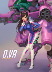 Rule 34 | 1girl, absurdres, artist name, bent over, bodysuit, breasts, brown eyes, brown hair, candy, character name, d.va (overwatch), facepaint, facial mark, food, full body, gloves, hand on own hip, headphones, highres, huan sheng, knees together feet apart, leaning forward, lollipop, long hair, looking at viewer, medium breasts, meka (overwatch), overwatch, overwatch 1, pilot suit, signature, skin tight, solo, swept bangs, whisker markings, white gloves