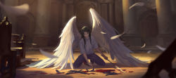 Rule 34 | 1boy, angel, angel wings, black feathers, black hair, black pants, blood, blurry, brown eyes, church interior, collared shirt, commentary, commentary request, cross, day, depth of field, english commentary, engrish commentary, facing viewer, feathered wings, feathers, full body, glasses, highres, holding, holding sword, holding weapon, indoors, kneeling, long hair, male focus, mixed-language commentary, original, pants, parted bangs, partial commentary, san rode, scenery, shirt, silk, solo, spider web, spread wings, sunlight, sword, weapon, white feathers, white shirt, wing collar, wings