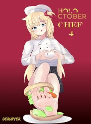 1girl absurdres akai_haato barefoot blonde_hair blue_eyes blush burger chef chef_hat derupyer feet foot_focus hat heart heart_hands highres hololive licking_lips long_hair looking_at_viewer soles toes tongue tongue_out virtual_youtuber