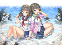 Rule 34 | 2girls, arm support, bare legs, beach, black bra, black footwear, blue skirt, blush, bra, breasts, brown hair, cellphone, cenangam, checkered clothes, checkered skirt, closed mouth, commentary request, day, full body, glasses, green eyes, hair ornament, hairclip, headphones, holding, holding phone, long hair, medium breasts, multiple girls, neckerchief, off shoulder, open mouth, original, outdoors, phone, pink sweater, pleated skirt, red eyes, red neckerchief, school uniform, serafuku, shirt, shoes, short sleeves, siblings, sisters, sitting, skirt, smartphone, smile, socks, speaker, sweater, twins, underwear, water, wet, wet clothes, wet skirt, white legwear, white shirt, wind