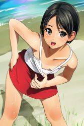 Rule 34 | 1girl, black eyes, black hair, blush, bob cut, breasts, cleavage, cleavage reach, downblouse, extended downblouse, highres, leaning forward, looking at viewer, matsunaga kouyou, no bra, open mouth, original, shore, short hair, small breasts, solo, swept bangs, tan, tank top, tanline