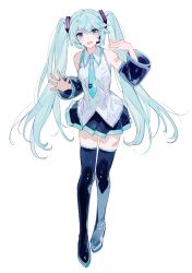 Rule 34 | 1girl, aqua eyes, aqua hair, black sleeves, black thighhighs, boots, chocoan, detached sleeves, female focus, full body, hatsune miku, highres, long hair, necktie, open mouth, simple background, skirt, sleeveless, solo, thigh boots, thighhighs, twintails, very long hair, vocaloid, white background, zettai ryouiki