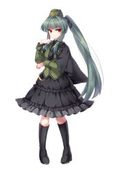 Rule 34 | 1girl, akinomiya asuka, alternate costume, black footwear, black necktie, black skirt, blunt bangs, boots, breasts, closed mouth, collared shirt, commentary request, frilled skirt, frills, full body, green hat, green shirt, grey hair, hat, highres, long hair, long sleeves, medium skirt, mystical power plant, necktie, original, ponytail, red eyes, shirt, simple background, skirt, small breasts, smile, solo, suitokuin tenmu, tokin hat, touhou, transparent background