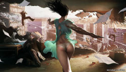 Rule 34 | 1girl, 3boys, ass, back, barcode, battle, black hair, building, city, cityscape, collateral damage, cyborg, destruction, from behind, glasses, hospital gown, lab coat, long hair, multiple boys, original, panties, randis, realistic, scar, scenery, skyscraper, underwear, veins, watermark, white panties, you gonna get raped