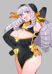 Rule 34 | 1girl, absurdres, arm behind back, arm up, armpits, black gloves, blue eyes, breasts, bun cover, china dress, chinese clothes, cleavage, cropped legs, double bun, dress, drill hair, elbow gloves, fang, fujido oriko, giant ojou-sama, gloves, gold trim, grey background, hair bun, hand on own hip, highres, large breasts, long hair, nikukaiq, open mouth, ringlets, shrug (clothing), skin fang, solo, standing