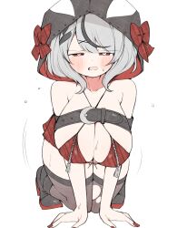 Rule 34 | 1girl, all fours, belt, black thighhighs, blush, bra, grey hair, heart, heart-shaped pupils, highres, hololive, hood, kuma no bansoukou, red bra, red eyes, sakamata chloe, sweat, symbol-shaped pupils, thighhighs, torn clothes, torn thighhighs, underwear, virtual youtuber