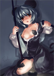 Rule 34 | 1girl, animal ears, bad id, bad pixiv id, breasts, dowsing rod, female focus, female masturbation, grey hair, highres, masturbation, mouse (animal), mouse ears, mouse tail, nazrin, nipples, off shoulder, open mouth, pussy juice, red eyes, saliva, signature, sitting, skade, solo, sweat, tail, touhou