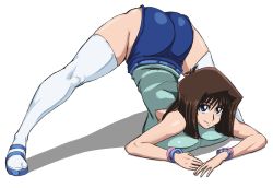 Rule 34 | 1girl, arched back, arm rest, ass, blue eyes, blue shorts, breast press, breasts, brown hair, female focus, flexible, full body, hands on ground, highres, jack-o&#039; challenge, looking at viewer, mazaki anzu, meme, shiny skin, shirt, short hair, shorts, simple background, sleeveless, sleeveless shirt, solo, spread legs, stretching, thighhighs, top-down bottom-up, white background, white thighhighs, wide spread legs, yu-gi-oh!, yu-gi-oh! duel monsters, zahkey