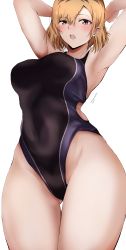 Rule 34 | 1girl, absurdres, armpits, arms behind head, black one-piece swimsuit, blue eyes, breasts, brown hair, competition swimsuit, cowboy shot, highleg, highleg swimsuit, highres, large breasts, miyamori aoi, one-piece swimsuit, shirobako, short hair, solo, standing, swimsuit, tahita1874, thigh gap, two-tone swimsuit