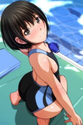 Rule 34 | 1girl, absurdres, ass, black hair, black one-piece swimsuit, blush, brown eyes, competition swimsuit, flat chest, from above, highres, looking at viewer, looking back, matsunaga kouyou, nose blush, one-piece swimsuit, original, pool, poolside, seiza, short hair, sitting, solo, swimsuit, unworn swim cap, water