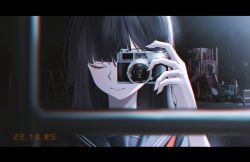 Rule 34 | 1girl, absurdres, black hair, blue sailor collar, camera, chromatic aberration, closed eyes, closed mouth, hand up, highres, holding, holding camera, letterboxed, long hair, noubin, original, photo date watermark, playground, sailor collar, solo