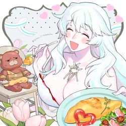 Rule 34 | artemis (fate), bare shoulders, breasts, cleavage, closed eyes, dress, fate/grand order, fate (series), flower, food, jewelry, large breasts, long hair, omelet, omurice, open mouth, orion (bear) (fate), pink flower, pink tulip, sara (kurome1127), smile, solo, stuffed animal, stuffed toy, teddy bear, tulip, white flower, white hair, white tulip