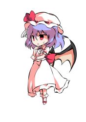 Rule 34 | 1girl, bat wings, black eyes, bow, chibi, collar, collared dress, dairi, dress, full body, hair between eyes, hands up, hat, hat ribbon, looking to the side, mob cap, no shoes, open mouth, pink eyes, puffy short sleeves, puffy sleeves, purple hair, red bow, red ribbon, remilia scarlet, ribbon, short hair, short sleeves, simple background, socks, solo, standing, tachi-e, touhou, transparent background, white background, white dress, white hat, white sleeves, white socks, wings, wrist cuffs