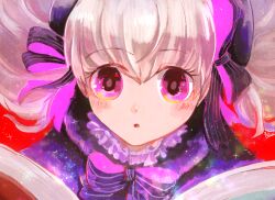 Rule 34 | 1girl, black ribbon, blush, book, bow, eyelashes, fate/extra, fate (series), lolita fashion, long hair, nursery rhyme (fate), open book, open mouth, pink eyes, purple bow, red background, ribbon, signature, solo, sparkle, striped bow, striped ribbon, teiratogau, upper body, white hair