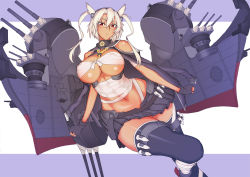 Rule 34 | 1girl, abs, bad id, bad pixiv id, black thighhighs, breasts, budget sarashi, cleavage, dark-skinned female, dark skin, glasses, gloves, hair between eyes, kantai collection, large breasts, miniskirt, musashi (kancolle), musashi kai (kancolle), nuglifa, red eyes, sarashi, short hair with long locks, skirt, solo, tagme, thighhighs, thighs, two side up