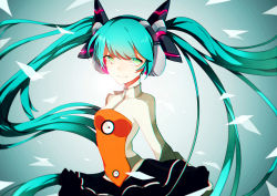 Rule 34 | 1girl, absurdres, chromatic aberration, floating hair, green eyes, green hair, hatsune miku, headphones, highres, iiiroha, long hair, matching hair/eyes, odds &amp; ends (vocaloid), solo, twintails, very long hair, vocaloid