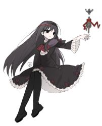 Rule 34 | 1girl, akemi homura, ascot, black dress, black eyes, black footwear, black hair, black pantyhose, bow, closed mouth, collar, commentary request, dress, floating, floating object, frilled dress, frills, full body, grief seed, long hair, long sleeves, looking to the side, lowres, mahou shoujo madoka magica, mahou shoujo madoka magica: walpurgis no kaiten, official alternate costume, outstretched arm, pantyhose, red ascot, red bow, shoes, simple background, sitting, smile, solo, u emper, white background, white collar, wide sleeves