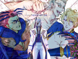 4boys adamas_(shuumatsu_no_valkyrie) aged_down angry arm_up arrow_(symbol) badge blonde_hair blue_eyes body_markings bone bone_hair_ornament brothers choker collarbone colored_skin ear_piercing earrings eyepatch facial_hair facial_mark facial_tattoo fist_up forehead_tattoo fur_trim goatee goatee_stubble gold_choker gold_trim green_skin grey_hair hades_(shuumatsu_no_valkyrie) hair_between_eyes hair_ornament hairpin half-closed_eyes high_collar horns jacket japanese_text jewelry jitome leaf_tattoo long_hair long_sleeves looking_at_viewer makeup male_focus multiple_boys multiple_earrings open_mouth pants parted_lips piercing pointy_ears polearm poseidon_(shuumatsu_no_valkyrie) purple_eyes red_eyes revealing_clothes short_hair shuumatsu_no_valkyrie siblings sidelocks single_earring smile stubble suzuka_(pixiv) swept_bangs tagme tattoo teeth trident updo upper_body veins veiny_arms weapon white_jacket white_pants yellow_eyes zeus_(shuumatsu_no_valkyrie)