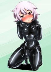 Rule 34 | 10s, 1girl, ayuayu (shouyu no sato), black bodysuit, bodysuit, breasts, kantai collection, kneeling, latex, latex suit, paw pose, pink hair, raised eyebrow, red eyes, small breasts, solo, tama (kancolle)