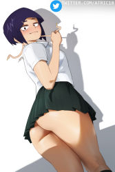 Rule 34 | 1girl, ass, atric18, audio jack, black hair, black skirt, blunt bangs, blush, boku no hero academia, collared shirt, commentary, english commentary, from below, grey background, grey shirt, highres, holding, jirou kyouka, looking at viewer, looking back, no panties, pleated skirt, school uniform, shadow, shirt, short hair, short sleeves, skirt, smile, solo, twitter logo, watermark, web address