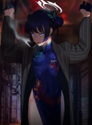 Rule 34 | 1girl, arms up, black gloves, blazer, blue archive, blue eyes, blue hair, breasts, china dress, chinese clothes, cigarette, double bun, dragon print, dress, gloves, hair bun, hair ornament, halo, highres, hong doo, jacket, kisaki (blue archive), long hair, looking at viewer, open mouth, small breasts, smoking, solo