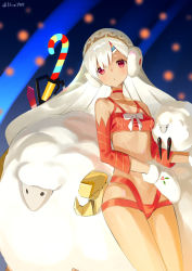 Rule 34 | 1girl, altera (fate), altera the santa (fate), bare shoulders, blush, bra, breasts, candy, candy cane, choker, collarbone, dark-skinned female, dark skin, earmuffs, fate/grand order, fate (series), food, full-body tattoo, highres, looking at viewer, mittens, open mouth, red bra, red eyes, sheep, short hair, small breasts, solo, staff, tattoo, thighs, underwear, veil, white hair, white mittens, zenshin