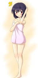 Rule 34 | ^^^, 1girl, :o, bare legs, bare shoulders, barefoot, black hair, blush, collarbone, closed eyes, hand on own head, legs, naked towel, red eyes, shameimaru aya, short hair, solo, teoi (good chaos), touhou, towel
