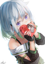 Rule 34 | 1girl, bare shoulders, black gloves, black shirt, blush, box, collarbone, commentary request, covered mouth, fingerless gloves, fingernails, gift, gift box, gloves, gradient hair, green hair, hair between eyes, happy valentine, heart-shaped box, highres, holding, holding gift, looking at viewer, multicolored hair, nail polish, off-shoulder shirt, off shoulder, pink nails, purple eyes, saraki, shirt, signature, silver hair, simple background, solo, uni create, upper body, valentine, virtual youtuber, white background, yuni (yuni channel)