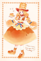 Rule 34 | 1girl, :d, blonde hair, blue bow, blue eyes, bow, brown bow, brown dress, brown footwear, dress, food, food-themed clothes, frills, full body, gloves, hair bow, hat, heart, highres, long hair, looking at viewer, morinaga (brand), multi-tied hair, multiple hair bows, open mouth, original, pancake, personification, plate, puffy sleeves, red bow, shoes, smile, solo, standing, striped, striped bow, twintails, waist bow, white background, white bow, white gloves, yunoto (conceit)