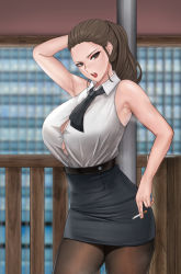 Rule 34 | 1girl, absurdres, arm up, armpits, bare shoulders, black neckwear, black pantyhose, black skirt, breasts, brown eyes, brown hair, button gap, cigarette, cleavage, collared shirt, dress, dress shirt, fle en, hair pulled back, high-waist skirt, high ponytail, highres, holding, holding cigarette, large breasts, microdress, minidress, miniskirt, no bra, office lady, open mouth, original, outdoors, pantyhose, railing, shirt, skirt, sleeveless, sleeveless shirt, standing, sweat, white shirt