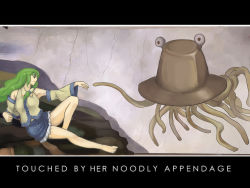 Rule 34 | 1girl, bad id, bad pixiv id, barefoot, detached sleeves, english text, feet, female focus, fine art parody, flying spaghetti monster, frills, green hair, hat, highres, kochiya sanae, labotamochi, leg up, legs, letterboxed, long hair, moriya suwako, outstretched arm, outstretched hand, parody, pyonta, reaching, skirt, tentacles, the creation of adam, touhou