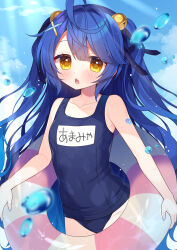 Rule 34 | 1girl, ahoge, alternate costume, amamiya kokoro, bare arms, bell, blue hair, blue one-piece swimsuit, blue sky, breasts, cloud, covered navel, dot nose, fang, hair bell, hair ornament, hair ribbon, heart, heart tattoo, highres, holding, holding swim ring, innertube, jingle bell, light blush, long hair, looking at viewer, name tag, nijisanji, old school swimsuit, one-piece swimsuit, open mouth, ribbon, school swimsuit, school swimsuit flap, skin fang, sky, small breasts, solo, swim ring, swimsuit, tattoo, translated, two side up, ujiie, virtual youtuber, water, x hair ornament, yellow eyes