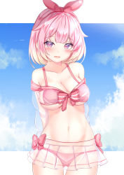 Rule 34 | 1girl, :d, bad id, bad twitter id, bare shoulders, bikini, breasts, cleavage, cloud, collarbone, cowboy shot, gradient hair, hair ribbon, highres, large breasts, long sleeves, looking at viewer, midriff, miniskirt, multicolored hair, navel, off shoulder, open mouth, original, pink bikini, pink eyes, pink hair, pleated skirt, ribbon, see-through, see-through skirt, short hair, skirt, sky, smile, solo, stomach, swimsuit, yuano