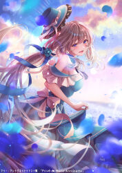 Rule 34 | 1girl, absurdres, blue eyes, blue flower, blue hat, blue ribbon, blue rose, blurry, blurry foreground, breasts, cloud, detached collar, dress, falling petals, fate/grand order, fate (series), flower, frilled hat, frills, grey hair, hair flower, hair ornament, hair ribbon, hat, hat ribbon, highres, large breasts, long hair, marie antoinette (fate), open mouth, petals, ribbon, rose, signature, skirt hold, sky, solo, strapless, strapless dress, totomiya