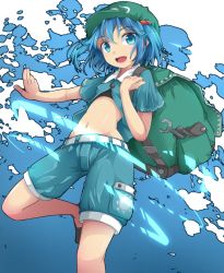 Rule 34 | 1girl, backpack, bag, belt, blue eyes, blue hair, eyebrows, groin, hair bobbles, hair ornament, hat, kawashiro nitori, leg up, looking at viewer, matching hair/eyes, midriff, navel, open mouth, pocket, short sleeves, shorts, solo, standing, standing on one leg, touhou, two side up, uumaru1869, water, wrench