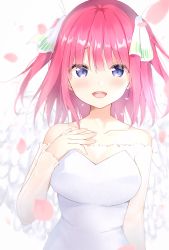 Rule 34 | 1girl, :d, amedamacon, blue eyes, blush, breasts, cleavage, collarbone, commentary request, dress, feathered wings, go-toubun no hanayome, hair between eyes, hair ribbon, hand up, highres, long hair, medium breasts, nakano nino, off-shoulder dress, off shoulder, open mouth, petals, pink hair, ribbon, see-through, see-through sleeves, sleeves past wrists, smile, solo, tears, teeth, two side up, upper teeth only, white background, white dress, white ribbon, white wings, wings