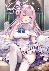 Rule 34 | 1girl, angel wings, blue archive, blue bow, bow, capelet, clothes lift, clothes pull, dress, feathered wings, flower, frilled dress, frills, hair bun, hair flower, hair ornament, halo, highres, kinokomushi, lifted by self, long hair, low wings, mika (blue archive), pantyhose, pantyhose pull, pink hair, scrunchie, single hair bun, single side bun, sitting, skirt, skirt lift, sleeveless, sleeveless dress, thighhighs, very long hair, white capelet, white dress, white pantyhose, white wings, wings, wrist scrunchie, yellow eyes