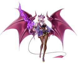 Rule 34 | 1girl, aura, bare shoulders, breasts, choker, covered navel, demon girl, demon tail, demon wings, female focus, fingernails, full body, holding, holding sword, holding weapon, horns, kagami hirotaka, large breasts, lilim (awoken), lilith-soft, lips, lipstick, long hair, long pointy ears, looking at viewer, makeup, nail polish, pantyhose, parted lips, pointy ears, purple lips, red nails, sasayama ittousai, simple background, solo, sword, tail, taimanin (series), taimanin rpgx, very long hair, weapon, white background, white hair, wings