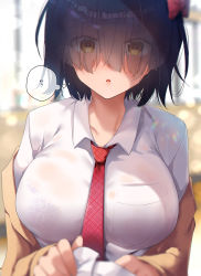 Rule 34 | 1girl, :o, absurdres, black hair, blurry, blurry background, blurry foreground, blush, bow, bra, bra visible through clothes, breasts, brown cardigan, cardigan, collared shirt, commentary request, depth of field, dress shirt, eyes visible through hair, hair bow, hair over eyes, highres, large breasts, long bangs, looking at viewer, off shoulder, open mouth, original, red bow, red neckwear, ryouma (galley), see-through, shirt, short hair, translation request, underwear, white shirt, yellow eyes