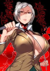 Rule 34 | 10s, 1girl, angry, breasts, center opening, choker, cleavage, female focus, glasses, gradient background, highres, huge breasts, large breasts, lips, looking at viewer, ojo (dfreak), pointer, prison school, red eyes, ribbon choker, school uniform, shiraki meiko, short hair, silver hair, solo, sweat, translation request, whip