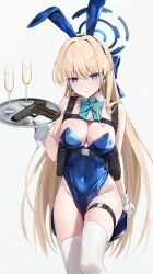 Rule 34 | 1girl, animal ears, aqua bow, aqua bowtie, blonde hair, blue archive, blue leotard, bow, bowtie, breasts, champagne flute, cleavage, collar, commentary request, cup, detached collar, drinking glass, fake animal ears, gloves, greenkohgen, grey background, gun, halo, highleg, highleg leotard, highres, holding, holding tray, large breasts, leotard, long hair, looking at viewer, official alternate costume, playboy bunny, rabbit ears, simple background, solo, standing, strapless, strapless leotard, thigh strap, thighhighs, thighs, toki (blue archive), toki (bunny) (blue archive), tray, weapon, white collar, white gloves, white thighhighs