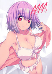 Rule 34 | 1girl, absurdres, artbook, bikini, breasts, feet out of frame, foreshortening, frilled bikini, frills, gridman universe, highres, holding, holding own hair, large breasts, official art, pink hair, shinjou akane, short hair, solo, ssss.gridman, swimsuit, takeuchi masato